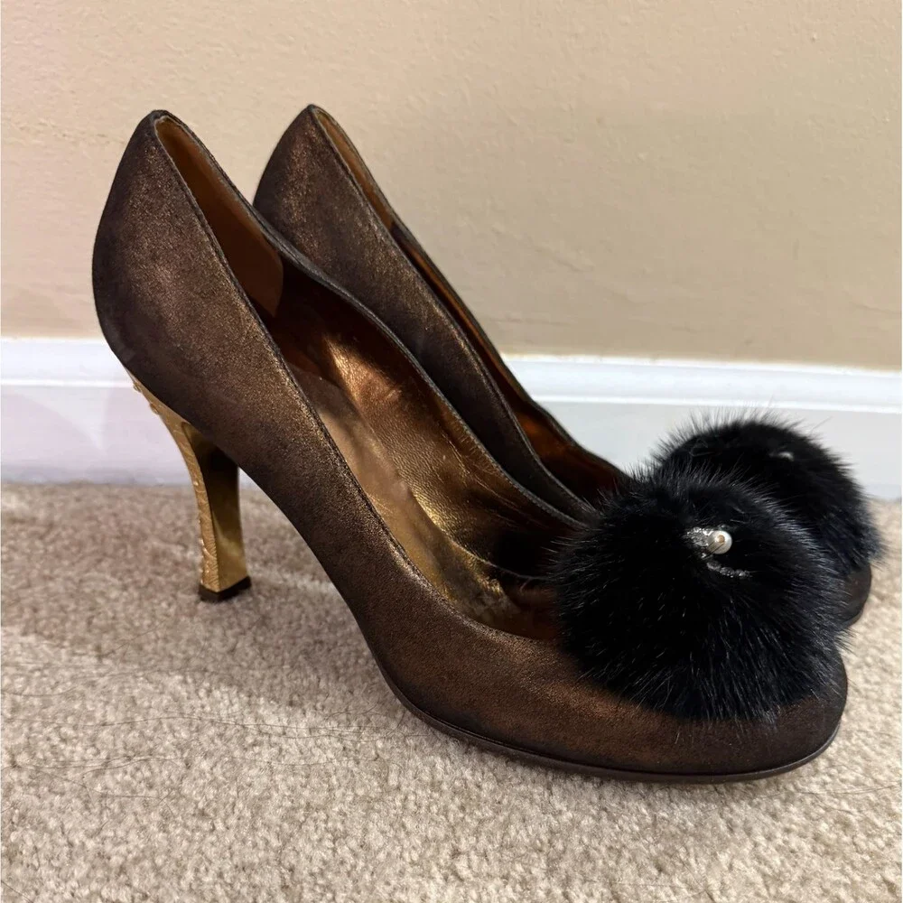 Mariani Studio Bronze Metallic Pumps Womens 7.5 Mink Fur Pom Crystal Heels Shoes